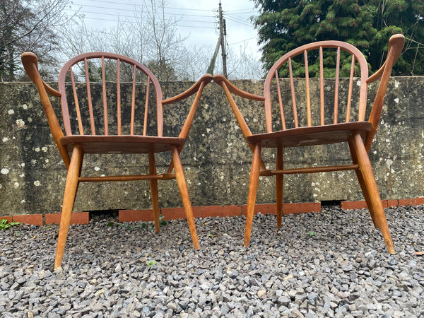 Pair Blonde Ercol 370a Windsor Carver Chairs