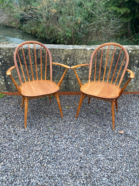 Pair Blonde Ercol 370a Windsor Carver Chairs