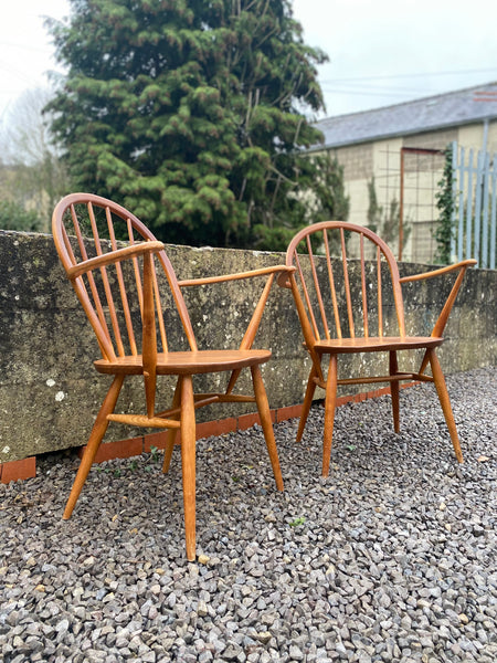 Pair Blonde Ercol 370a Windsor Carver Chairs