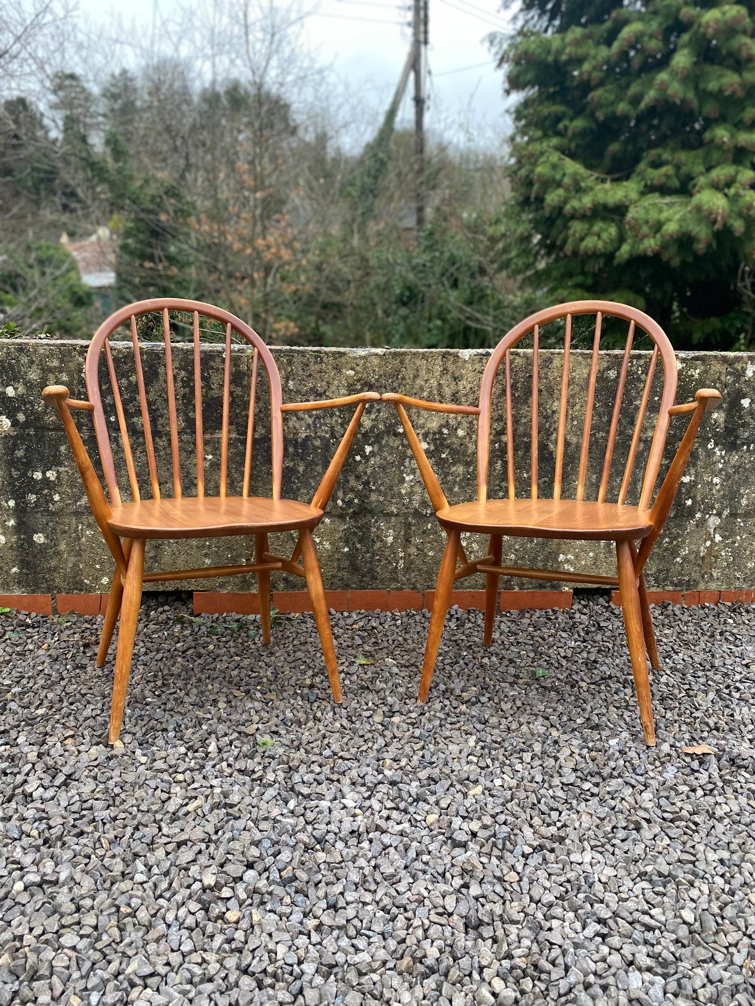 Pair Blonde Ercol 370a Windsor Carver Chairs